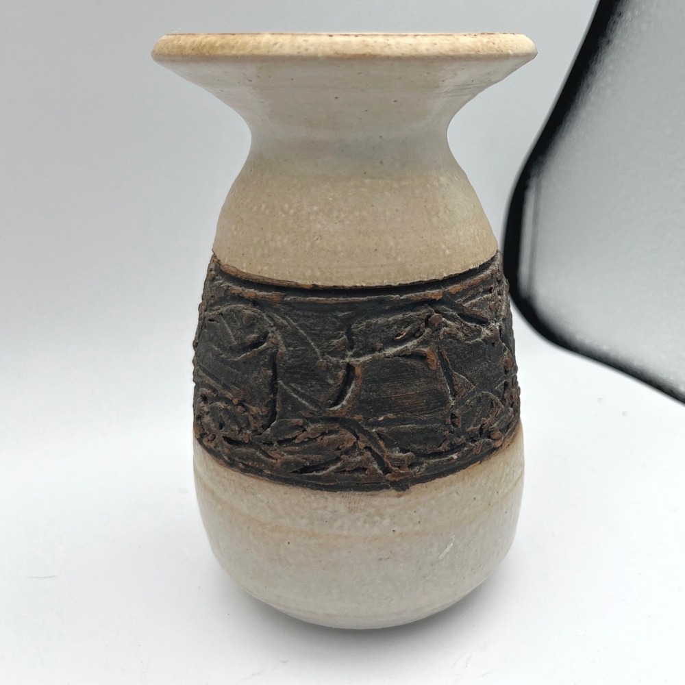 Vintage Signed Studio Pottery Vase Textured Brutalist Rustic Cream Brown 6"